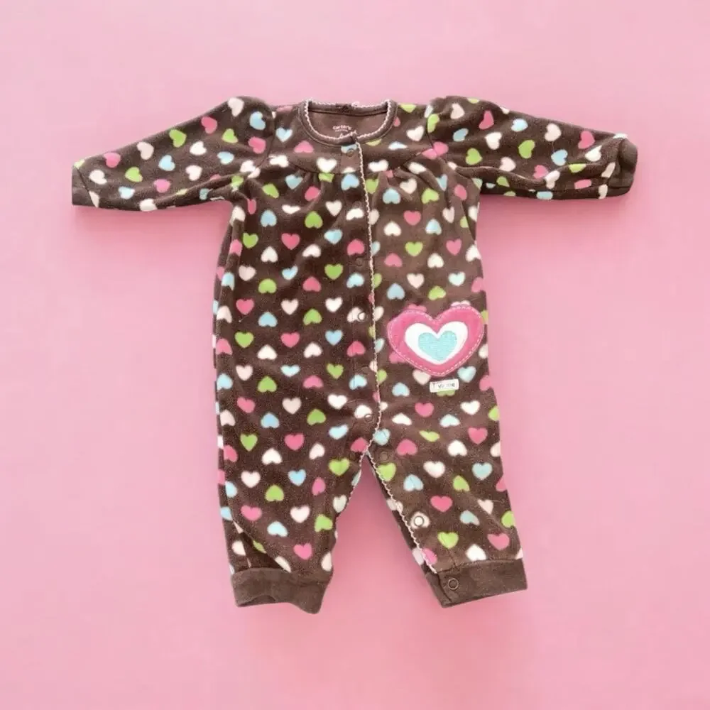 6 Month Carter's Brown Fleece Heart Print Snap Up Pants Coverall Outfit